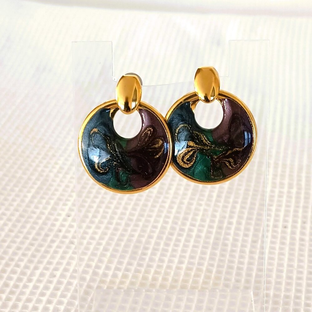 Blue Swirl Enamel Door Knocker Earrings Retro Gold Tone Marbleized Post